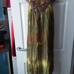 Green and Gold Sleeveless Halter Midi Sundress